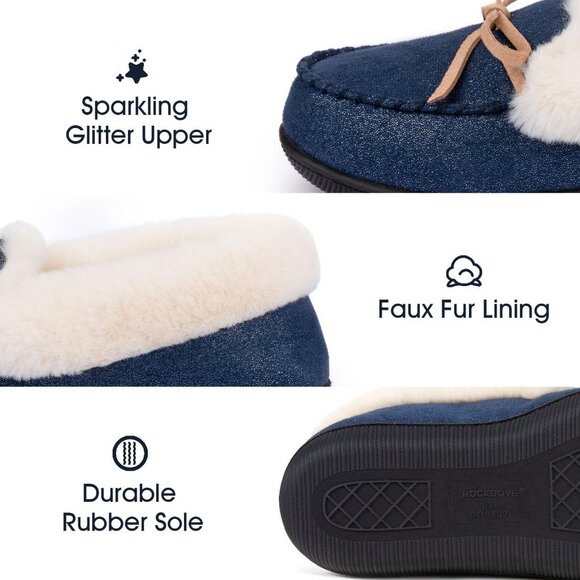 Women's Glittered Faux Fur Lining Wrap Rubber Sole Navy Blue Slipper Bootie - Picture 3 of 6